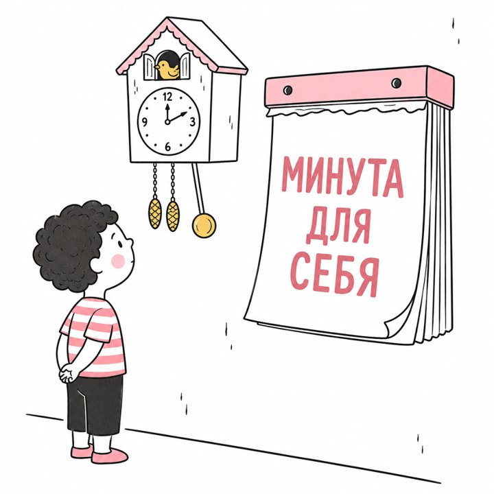 Мальчик смотрит на настенный календарь «Минута для себя» рядом с часами-ходиками